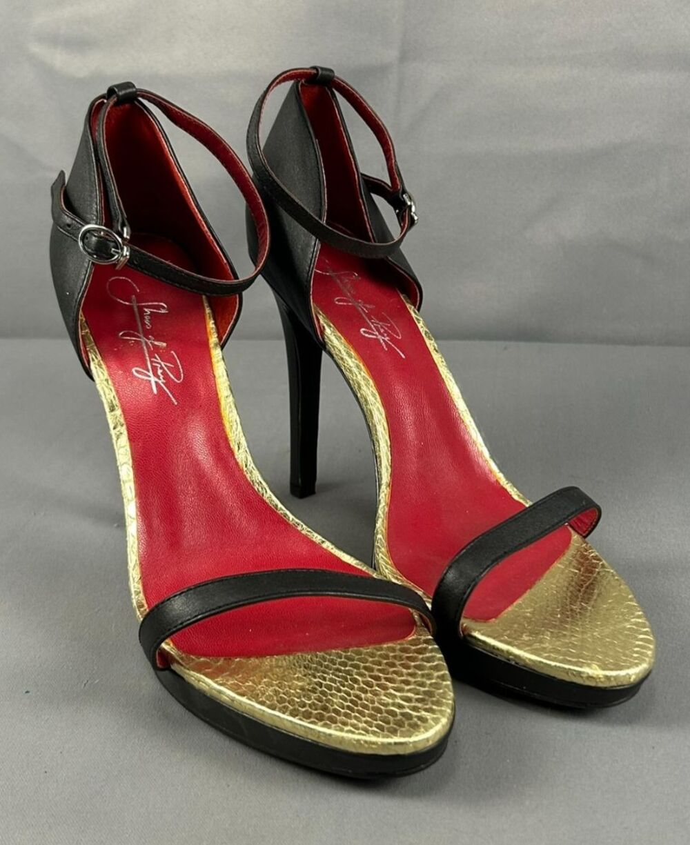 Shoes of Prey Custom Black Leather Gold Snakeskin Platform Heels 41 / 10